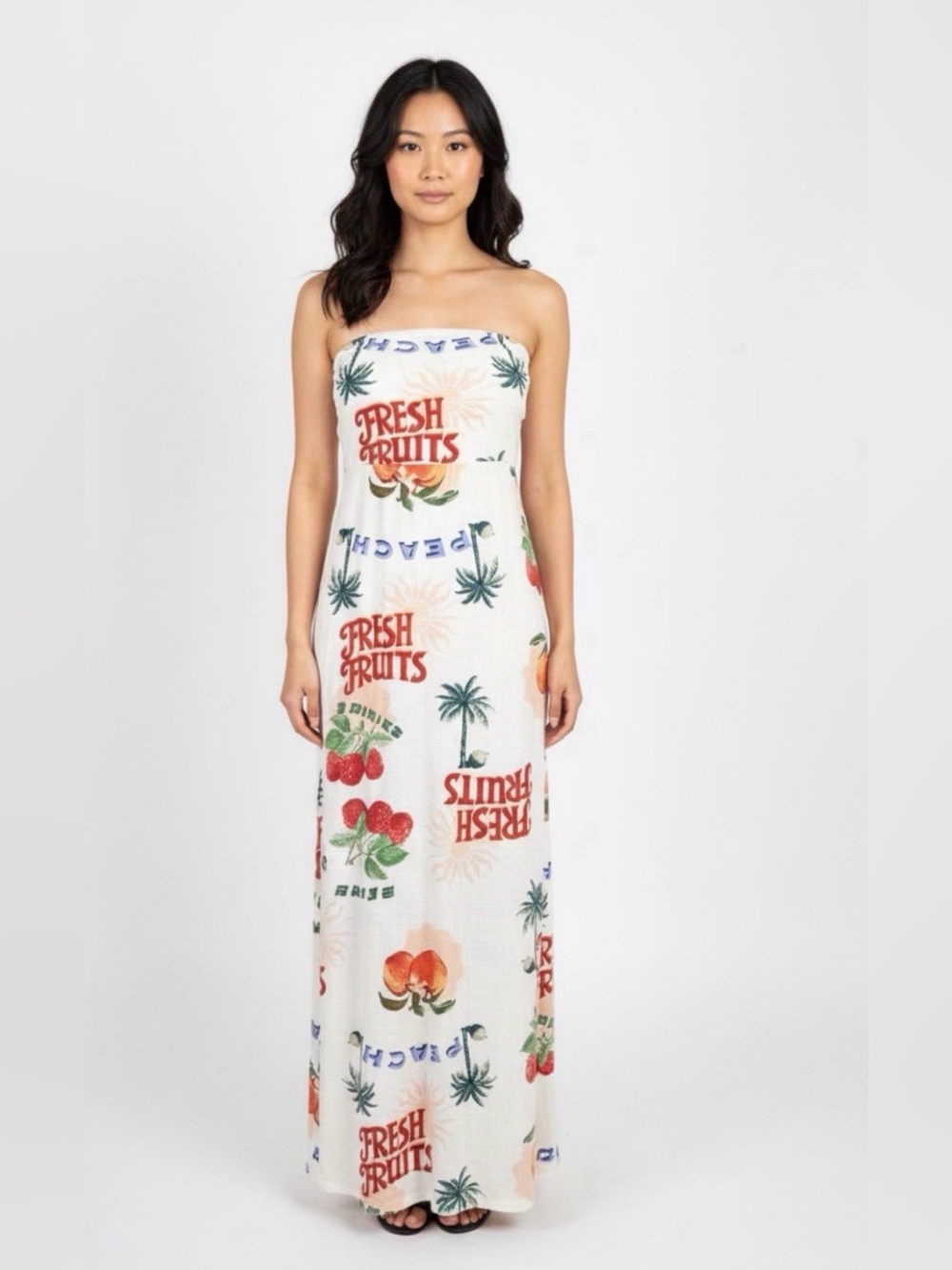 Strapless White 'Fresh Fruits' Maxi Dress